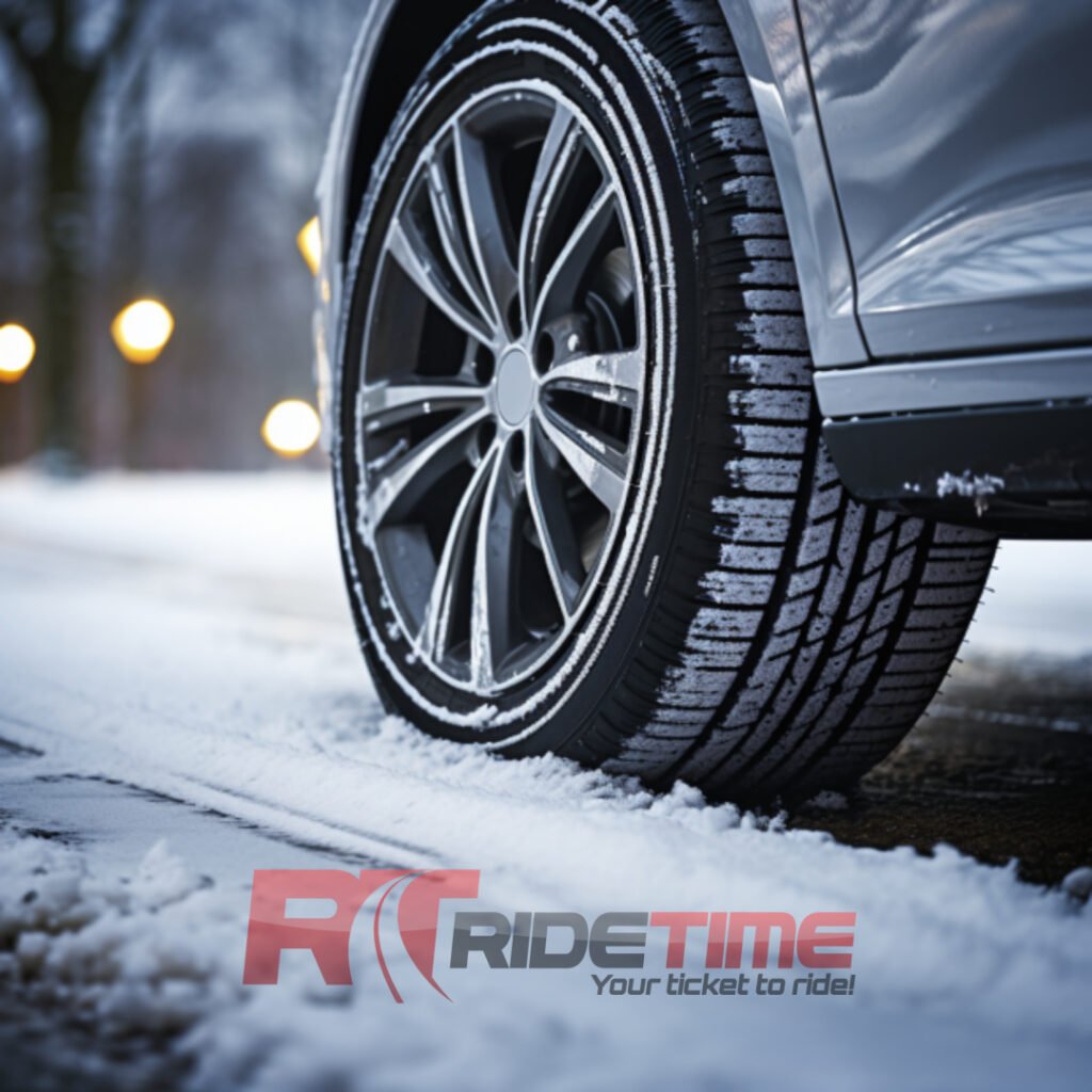 Winter tires lined up, showcasing deep treads for snow and ice grip