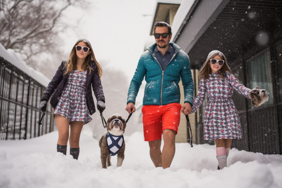 Family walking in shorts surprised by sudden snowfall