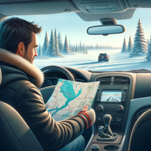 Driver consulting a map inside a car with Manitoba's winter landscape in the background, showcasing the Manitoba Winter Tire Program.