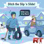 Humorous graphic of a confused hockey player holding a winter tire on ice while a car drives by, promoting the MPI Winter Tire Program.