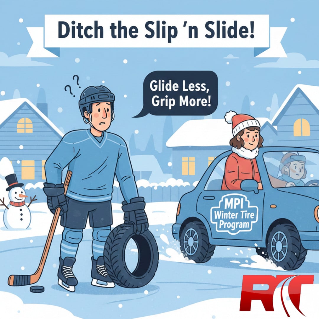 Humorous graphic of a confused hockey player holding a winter tire on ice while a car drives by, promoting the MPI Winter Tire Program.